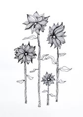 Stickers pour porte Surréalisme Handmade ink drawing black and white four flowers