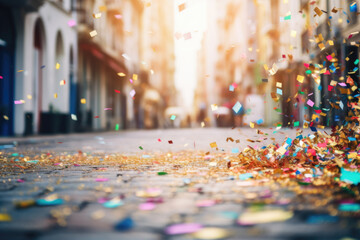 colorful confetti on carnival fallen on street