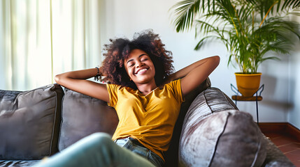 black woman relaxing on the couch at home