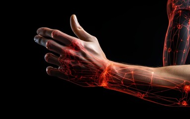 illustration of human with hand pain and wrist with carpal tunnel syndrome - obrazy, fototapety, plakaty
