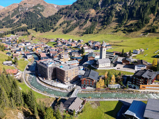 Aerial drone photo of the small mountain village in the Austrian Alps named Lech