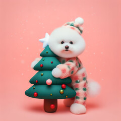 Fototapeta premium Abstract winter Christmas concept background with cute puppy dog holding a Christmas tree and falling snow.