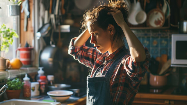 Struggling With Dinner - Tired Woman With ADHD In A Busy And Unorganized Room Trying To Cook Dinner Gen AI