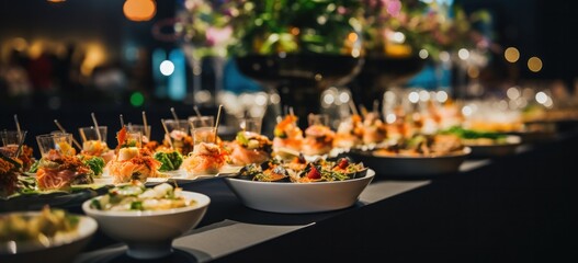 Culinary artistry on display at a high-end event, featuring an exquisite buffet of visually...