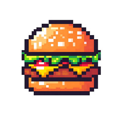 Illustration of adorable Burger in a pixelated cartoon Sticker design style