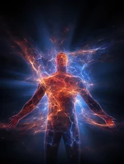 Rolgordijnen Visible aura around a person, open chakra, alternative medicine, human soul in the form of radiance and rays around the human body, zen balance of soul and body © Gizmo