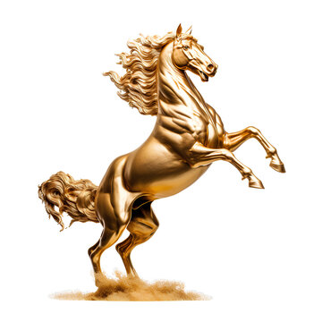 Statue of a standing horse made of gold on a transparent background PNG