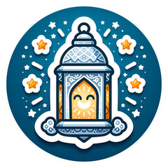Illustration of adorable blue moroccan lantern with light of stars and sparkling joyfull in a cartoon Sticker design style