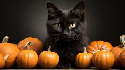 A sleek black feline sits among an array of vibrant pumpkins, adding a touch of mystique and playfulness to the natural fall harvest