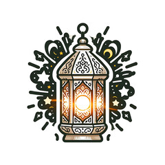 Illustration of gold moroccan lantern with light of stars and sparkling joyfull in a cartoon Sticker design style