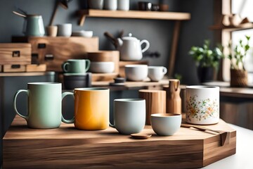 Mockup / design set of colorful Tea or coffee ceramic mug beside wooden tea kitchen box  - obrazy, fototapety, plakaty