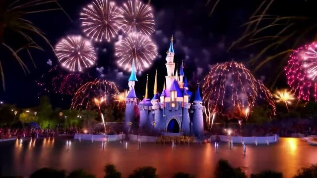 Shots and explosions of colorful fireworks against the backdrop of a fairy tale castle and lake. A short video of colorful New Year's fireworks.