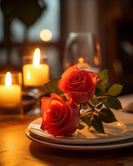 Botão de rosa em cima de um prato em uma mesa de jantar montada com luz de velas desfocadas ao fundo - Papel de parede romântico  - obrazy, fototapety, plakaty