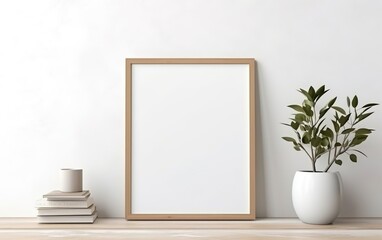 Blank wooden picture frame mockup on off white wall in modern interior. Vertical artwork template mock up for artwork, painting, photo or poster in interior design with green plants. AI Generative.