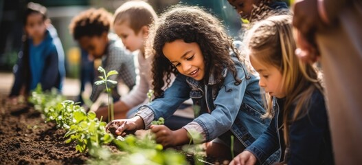 Children engaging in garden planting activity. Education and nature connection. - obrazy, fototapety, plakaty