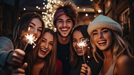 Happy Millennials Enjoying Bengal Lights at a Christmas Gathering