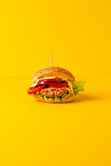 close-up of a hamburger on a yellow background