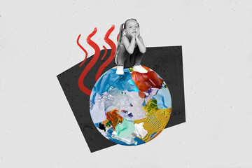 Collage picture illustration little upset sadness child girl sit globe warm dirty messy world...