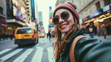 Happy tourist take selfie self-portrait with smartphone in New York Manhattan - Smiling woman on vacation looking at camera - Holidays and travel concept - obrazy, fototapety, plakaty