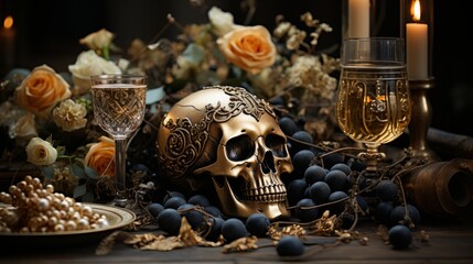 Amidst a tranquil still life, a solitary skull rests upon a table adorned with a flickering candle, a vase full of roses, and a variety of grapes, evoking a sense of beauty