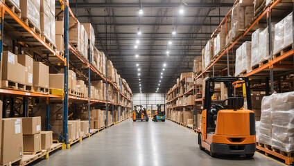 Interior of a modern warehouse or industrial building. Wholesale distribution center, retail warehouse. Part of the storage and shipping system. Many boxes on shelves and pallets, forklifts - obrazy, fototapety, plakaty