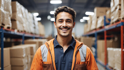 Portrait of a smiling storage warehouse worker. Interior of a modern warehouse in the background. Distribution center, retail warehouse, storage and shipping systems. Many boxes on the shelves - obrazy, fototapety, plakaty
