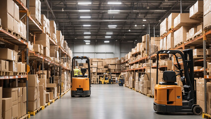 Operational industrial warehouse displays rows of shelves housing cardboard boxes. Worker, maneuvering forklift, diligently prepares items for shipping. Storage hub products awaiting their dispatch - obrazy, fototapety, plakaty
