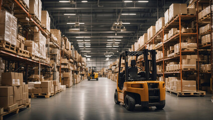 A huge warehouse for storing goods, various cardboard boxes on shelves and pallets. Forklifts without operators are waiting to transport goods. Warehouse for storing products, products or goods - obrazy, fototapety, plakaty