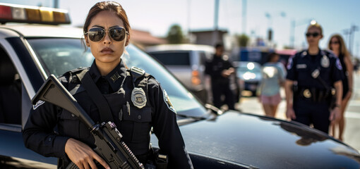 Young woman working as police officer or cop, she is standing next to car, holding rifle gun, blurred street background. Generative AI - obrazy, fototapety, plakaty