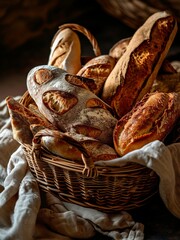 Baguettes and Artisan Breads in a Basket - obrazy, fototapety, plakaty