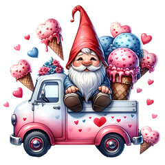 Fototapeta premium Cute Gnome Valentine Ice Cream Truck Watercolor Clipart Illustration