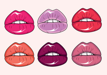 Six glamour lips with different lipstick colors. Vector stock.