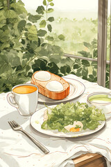 breakfast on a table, American breakfast, Generative AI