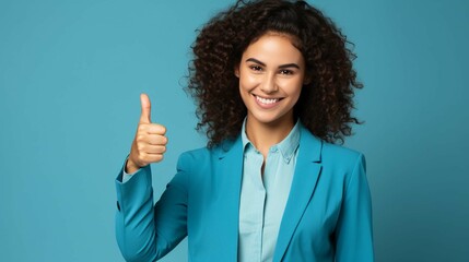 Confident woman showing thumbs up on blue background photography