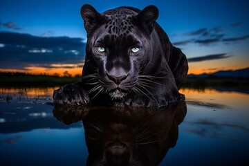 A panther lies by the water at dusk
