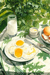 breakfast on a table, eggs, fried eggs, milk, bread, Generative AI