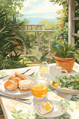 breakfast on the beach, Salads and bread, brunch, greenery, Generative AI