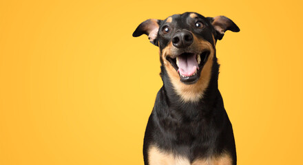 Happy smiling black and brown dog isolated on yellow background studio shot - obrazy, fototapety, plakaty