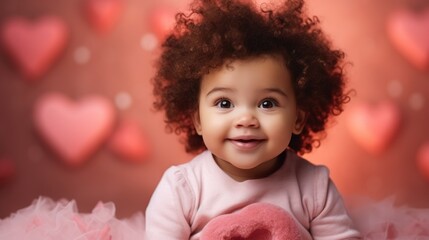Adorable little girl with pink and red Valentine's Day studio backdrop. Happy biracial baby with balloons and hearts. Cute toddler holiday portrait. - Powered by Adobe
