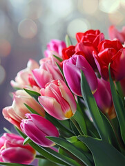 Naklejka premium Bouquet of flowers tulips beautiful. Holiday poster and banner with copy space.