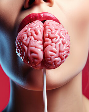 Woman licking brain lollipop. Consuming knowledge and intelect trough food. Ai Generative