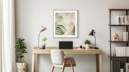 A comfortable home office setup with a laptop, a warm coffee mug, and a wall frame for personalized...