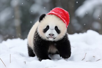Cute panda in a red hat walking in the snow