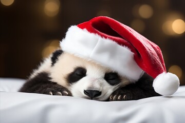 Cute panda sleeps in a Christmas red hat