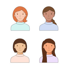 Collection of portraits of women with light and dark skin for profile avatars. Portrait of a smiling woman.