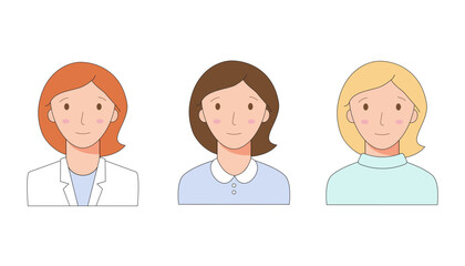 Collection of portraits of women with fair skin and different hair colors for profile avatars. Portrait of a smiling woman.