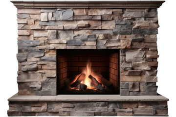 fireplace with burning logs on transparent background