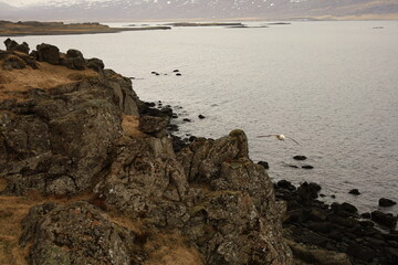 Fototapeta na wymiar View of the Fáskrúðsfjörður fjord located in the east of Iceland, in the Austurland region