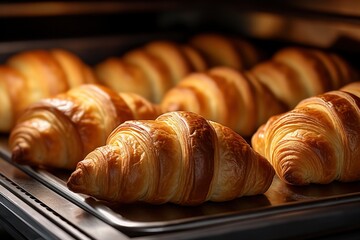Fresh crispy golden croissants lie on a baking sheet close-up. Sweet pastry made from puff pastry, a classic French dessert. Bakery concept, croissant production