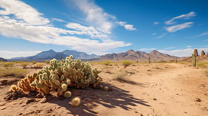 A desert landscape with blooming cacti.